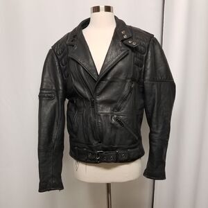 Vintage 90s y2k Punk Goth Black‎ Leather Armored Belted Motorcycle Moto Jacket S